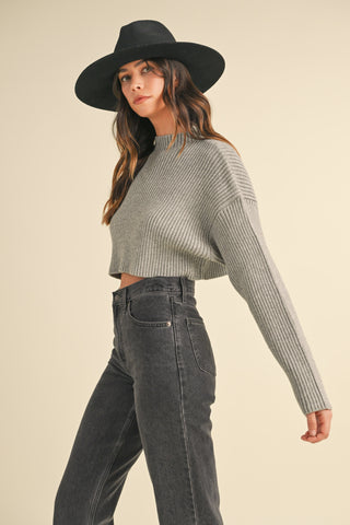 Slay Slate Crop – Long Sleeve Ribbed Crop Sweater 