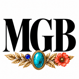 MGB in black lettering with turquoise and gold jewelry, a coral flower and a small royal-blue gem.