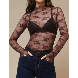 Midnight Petal Mesh Top – Brown