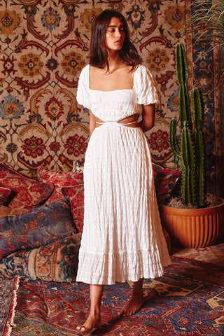 SIDE CUTOUT POOF SLEEVE MIDI DRESS WITH WAIST TIES