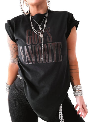 Black God's Favorite side-slit graphic tee by Pebby Forevee